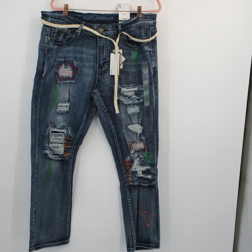 Rue21 Premium Supreme Flex Skinny Jeans Dark Wash Distressed Paint Splatter 32